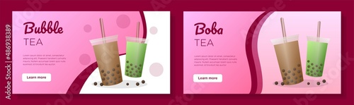 Bubble tea shop online banner template set, boba pearls drinks bar corporate advertisement, horizontal ad, asian milk tea campaign webpage, flyer, creative brochure, isolated on background