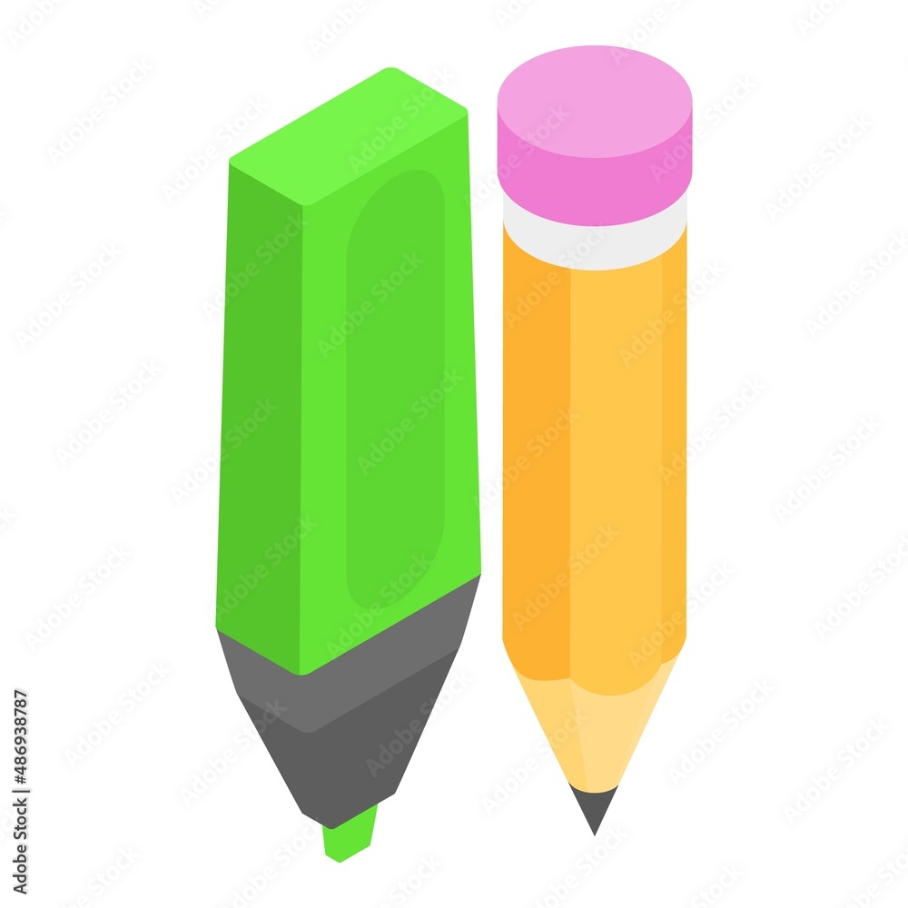 Stationery icon isometric vector. Green marker and orange pencil with eraser. School supplies, education, creativity Stationery icon isometric vector. Green marker and orange pencil with eraser. School supplies, education, creativity