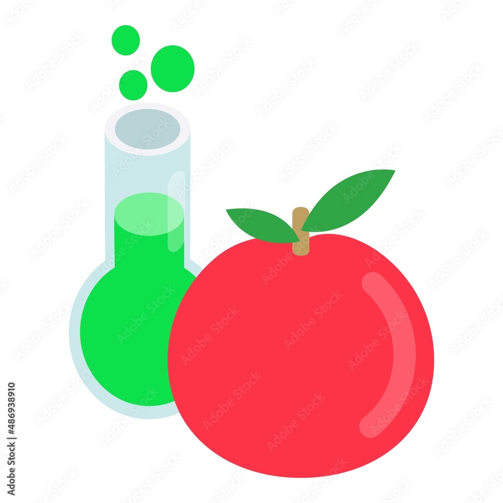 Educational equipment icon isometric vector. Laboratory flask, fresh red apple. Researching, studying, education