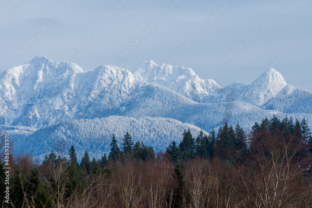 Golden Ears Mountain Range in Maple Ridge, Vancouver, British Columbia Canada snow capped in the winter for scenic photos