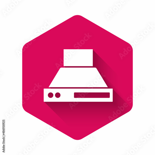 White Kitchen extractor fan icon isolated with long shadow. Cooker hood. Kitchen exhaust. Household appliance. Pink hexagon button. Vector