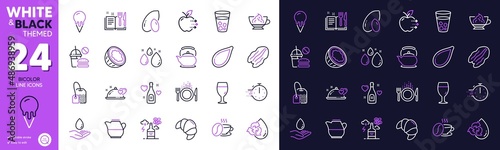 Pumpkin seed, Ice cream and Romantic dinner line icons for website, printing. Collection of Water drop, Teapot, Pecan nut icons. Love champagne, Peanut, Milk jug web elements. Beer glass. Vector