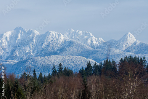 Golden Ears Mountain Range in Maple Ridge, Vancouver, British Columbia Canada snow capped in the winter for scenic photos