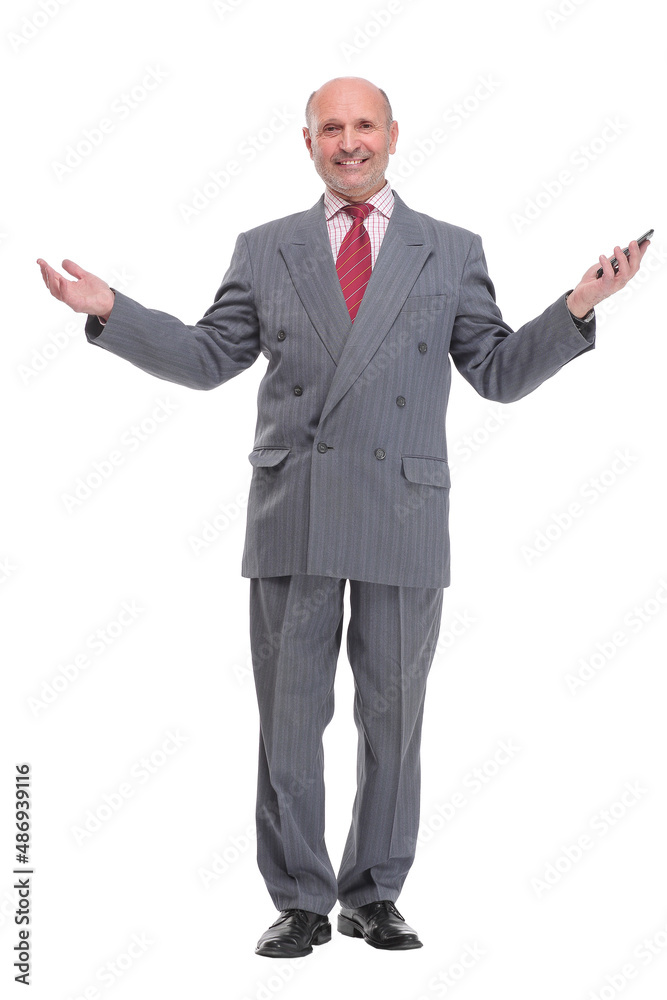 Happy older businessman with gray hair in business casual using smart phone, smiling. Happy older businessman with gray hair in business casual using smart phone, smiling.