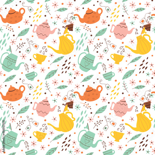 Seamless pattern with tea, teapots and cups. 