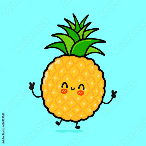 Cute funny pineapple character. Vector hand drawn cartoon kawaii character illustration icon. Isolated on blue background. Happy pineapple character concept