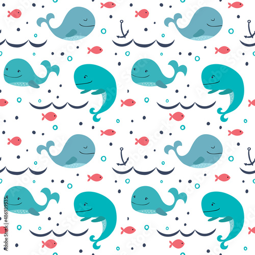 Seamless pattern with cute whales.