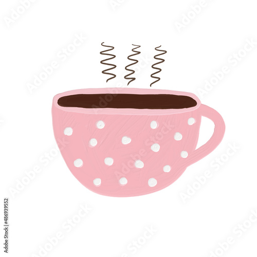 Modern Abstract Vector Illustration with Dotted Light Pink Cup of Coffee on a White Background. Simple Oil Painting Style Print for Coffee Lovers. 