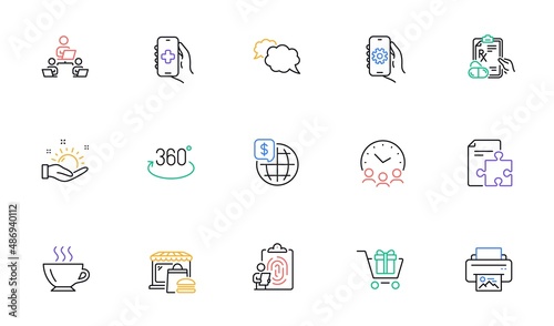 App settings, Full rotation and Meeting time line icons for website, printing. Collection of Shopping cart, Coffee, Food market icons. Fingerprint, Messenger, Sunny weather web elements. Vector