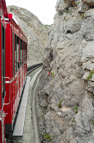 The Schafberg Railway train is a gauge cog railway in Upper Austria and Salzburg. Schafberg train leading from St Wolfgang im Salzkammergut to the Schafberg. photo