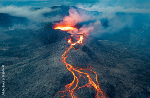 Volcano with lava flow