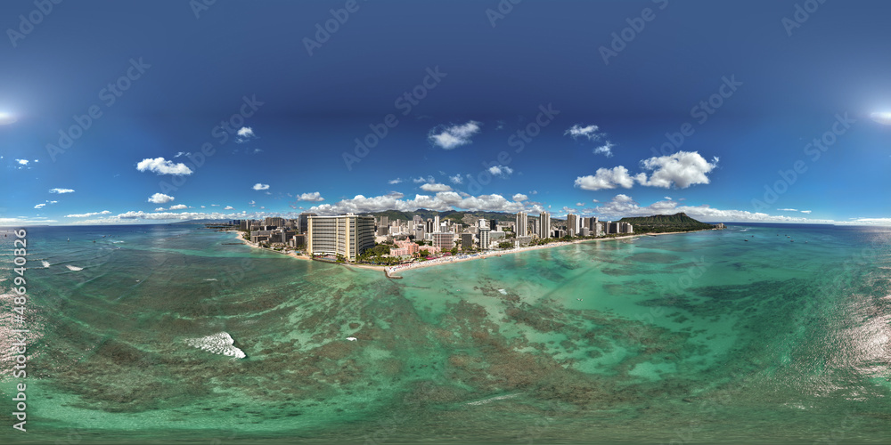 Waikiki beach in Hawaii aerial spherical panorama skyline view
