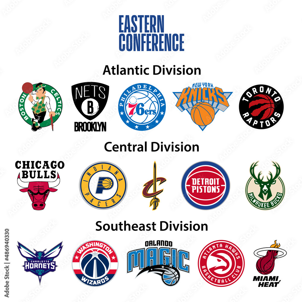 Vettoriale Stock Basketball teams. Eastern Conference. Atlantic Division,  Central, Southeast. Nba logo. NY Knicks, Philadelphia 76ers, Brooklyn Nets,  Chicago Bulls, Miami Heat, Atlanta Hawks. Kyiv, Ukr - Feb 8, 2022 | Adobe  Stock