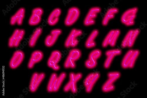 Alphabet from neon letters on a black background. Neon glow.
