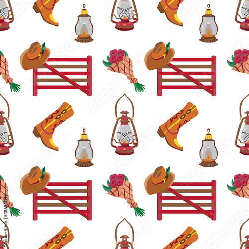Vector seamless pattern with cowboy boots and hats,barn fence, bouquets and vintage lanterns on white background.Wild west design for western events,parties,decoration,wrapping paper,fabrics,textile