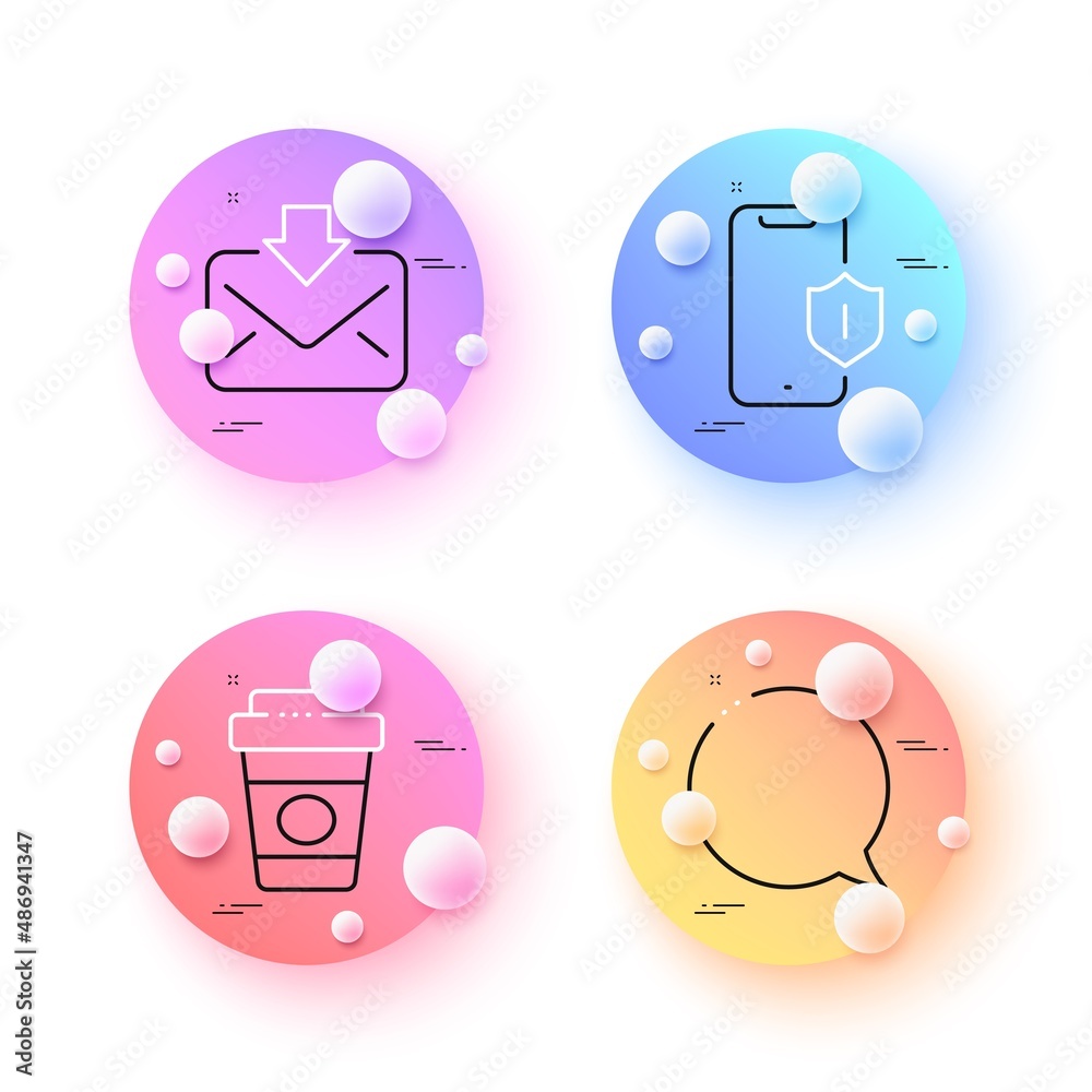 Speech bubble, Smartphone protection and Takeaway coffee minimal line icons. 3d spheres or balls buttons. Incoming mail icons. For web, application, printing. Chat message, Phone, Latte drink. Vector Speech bubble, Smartphone protection and Takeaway coffee minimal line icons. 3d spheres or balls buttons. Incoming mail icons. For web, application, printing. Chat message, Phone, Latte drink. Vector