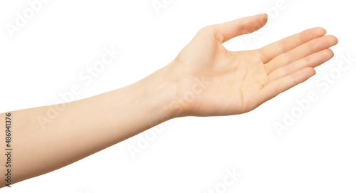 Close-up of beautiful female hand, palm up. Isolated on white background. Woman arm presenting open palm