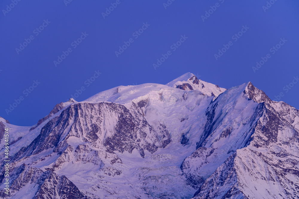 The Mont Blanc massif in Europe, France, Rhone Alpes, Savoie, Alps, in winter.