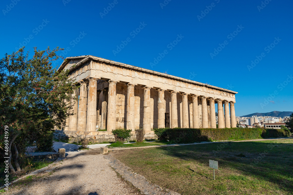 Temple of Hephaestus in Athens, Greece. It is an old famous landmark of Athens. Greek ruins in the Ancient Agora in  Athens center.