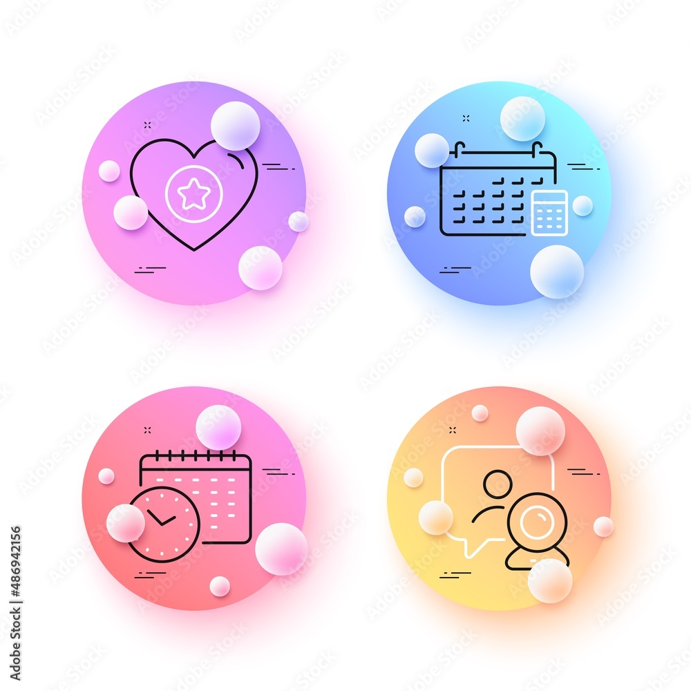 Heart, Video conference and Calendar minimal line icons. 3d spheres or balls buttons. Calendar time icons. For web, application, printing. Star rating, Online training, Calculator device. Vector Heart, Video conference and Calendar minimal line icons. 3d spheres or balls buttons. Calendar time icons. For web, application, printing. Star rating, Online training, Calculator device. Vector