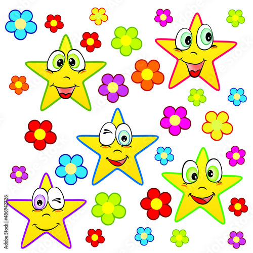 Cute cartoon star set. Funny yellow stars in different poses with flowers vector