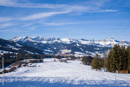 The Chaine des Aravis in Europe, France, Rhone Alpes, Savoie, Alps, in winter, on a sunny day. © Florent