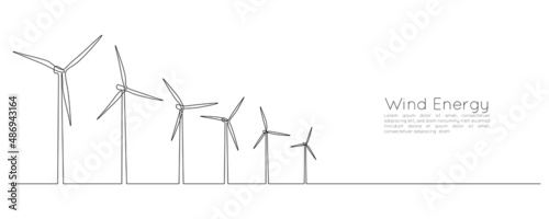 Wind turbines and windmill in one continuous line drawing. Green energy and renewable source of power concept in simple linear style. Web banner. Outline Vector illustration