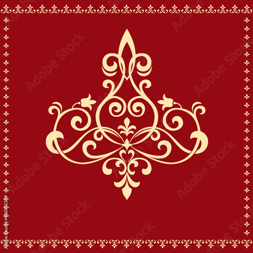 Damask graphic ornament. Floral design element. Gold and red vector pattern