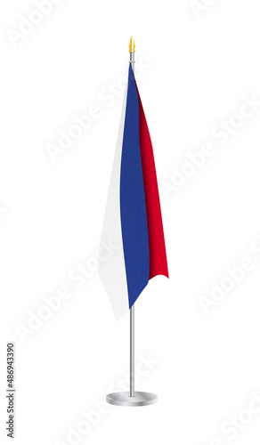 Flag of the Russia on steel flagpole. Russian Flag isolated on white background. 