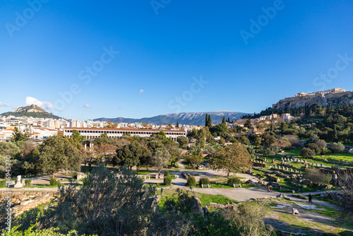 Panorama of the Acropolis. Ancient Greek Parthenon on Acropolis hill is a top landmark of Athens. Scenery of the famous monuments in the Athens center. Landscape with ruins