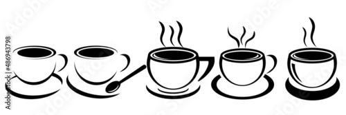 Collection of cups. Disposable coffee and tea cups. Realistic 3D illustrations of cups with saucers. Black and white colors design. Vector illustration