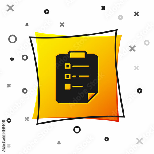 Black Clipboard with checklist icon isolated on white background. Control list symbol. Survey poll or questionnaire feedback form. Yellow square button. Vector