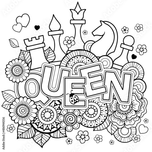Vector Coloring page for adults. Queen of Chess. Black and white flower in a mandala style