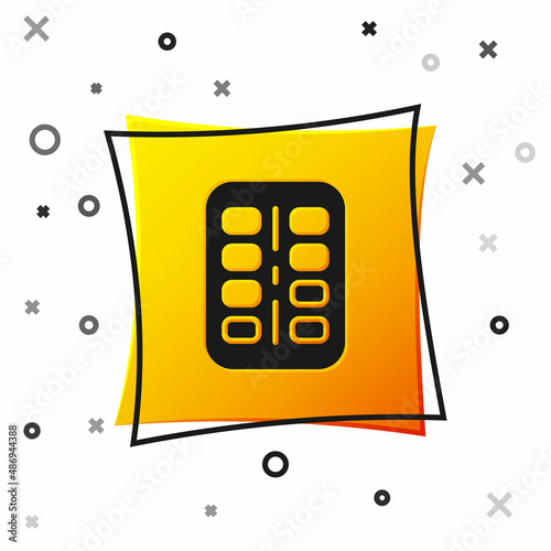 Black Nicotine gum in blister pack icon isolated on white background. Helps calm cravings and reduces anxiety caused by quitting smoking. Yellow square button. Vector