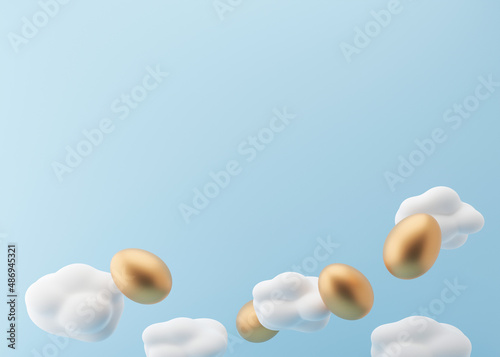 Golden Easter eggs and white clouds on light blue background. Easter backdrop with free space for text  copy space. Postcard  greeting card design template. 3D illustration.