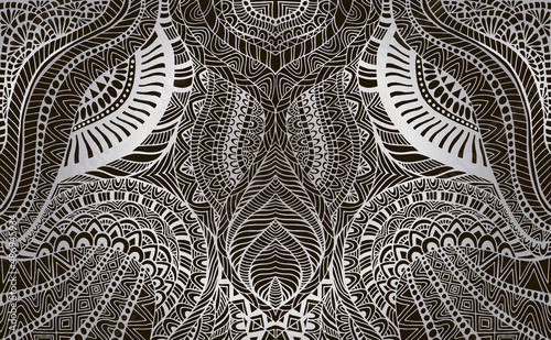 Vintage psychedelic fractal mandala pattern. Ethnic style, silver gray gradient colors, isolated on black background. Vector illustration.