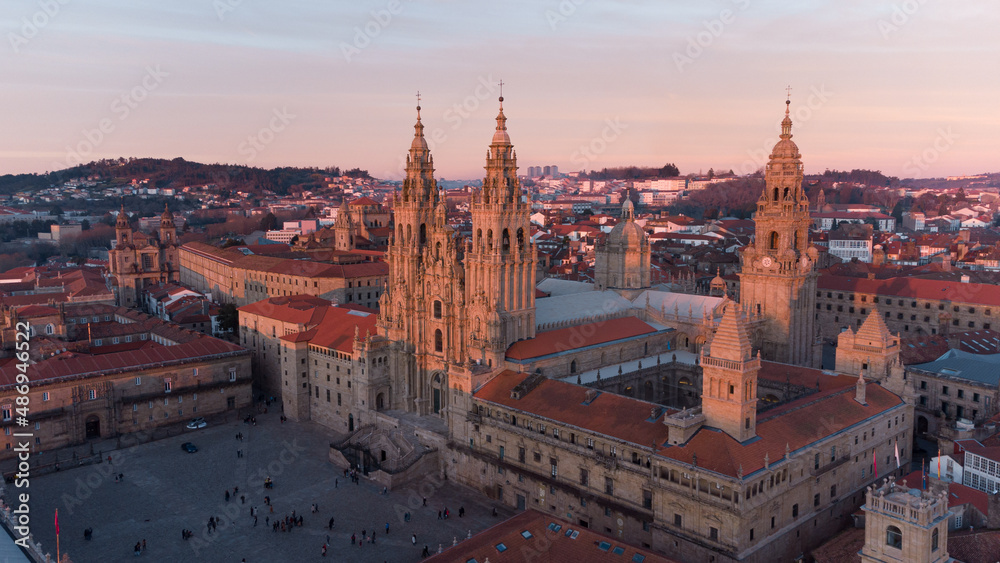 Fototapeta premium Aerial view of the Obradoiro facade of the cathedral of Santiago de Compostela at sunset 