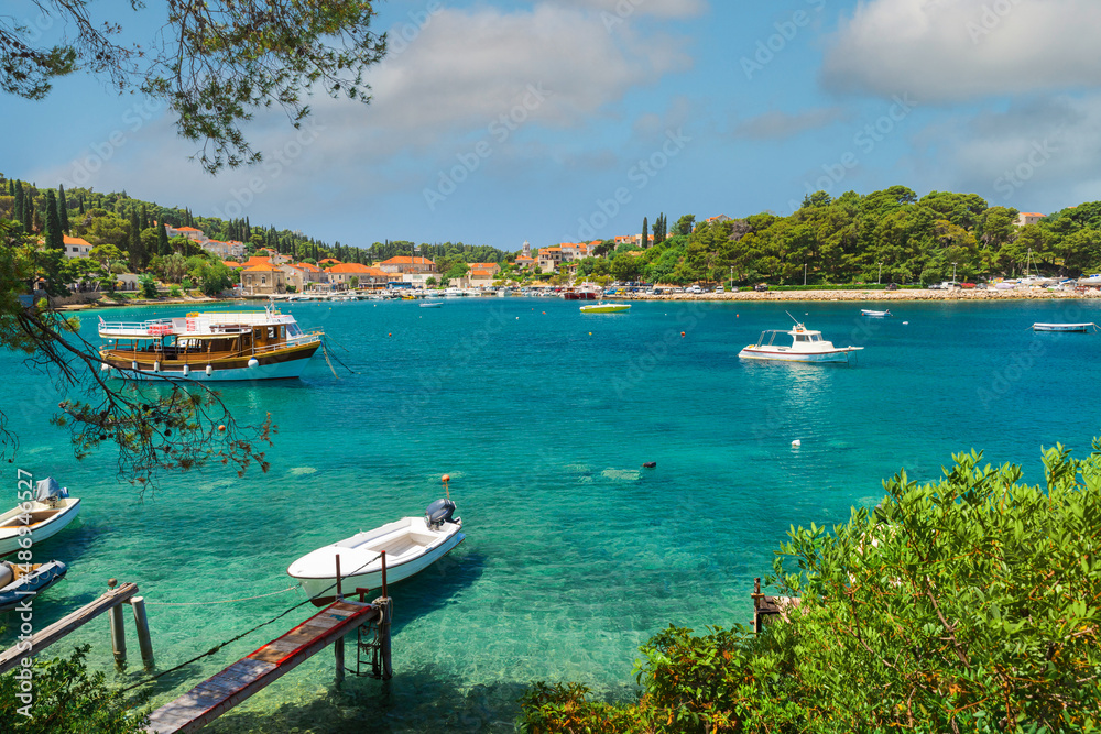 Popular touristic resort Cavtat town near Dubrovnik in Croatia with turquoise water bay. Summer vacation