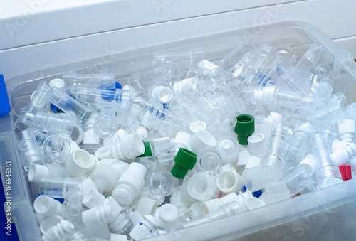 Danger laboratory chemical and medical waste. Plastic waste and ecology