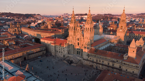 Aerial view of the Obradoiro facade of the cathedral of Santiago de Compostela at sunset
