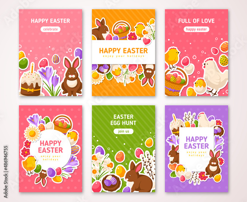 Happy Easter Poster, Banner, Greeting card, Flyer, Menu Templates. Vector illustration. Traditional symbols, flat icons. Frame with Easter Signs. Easter cake, Rabbit Crocus Colorful eggs
