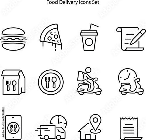 food delivery icons set isolated on white background. food delivery icon thin line outline linear food symbol for logo, web, app, UI. food delivery icon simple sign. food delivery  icon flat vector