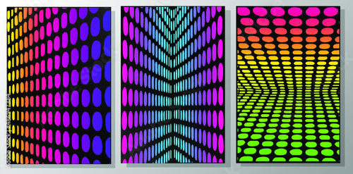 Variety of trippy effect backgrounds, contrasting colours. Fluorescent circles on black backdrop. Geometric shapes in perspective, optical illusion.vector illustration.