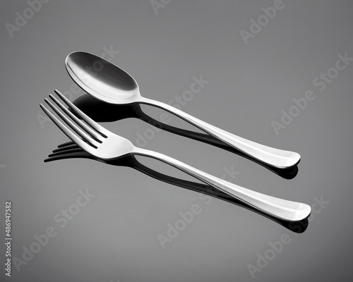 Cutlery set - table spoon and fork on a gray glossy background. Cutlery is arranged diagonally.