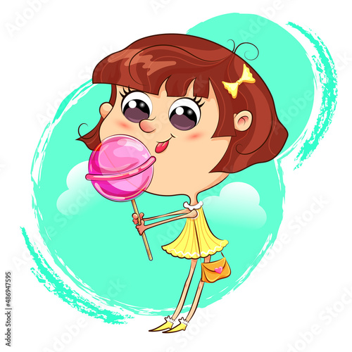 A girl with a candy in her hands is very tasty
