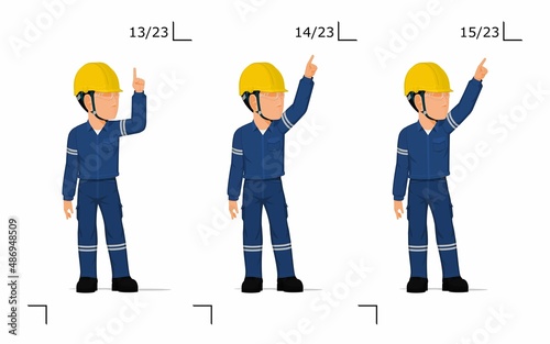 An industrial worker is explaining something over his head
