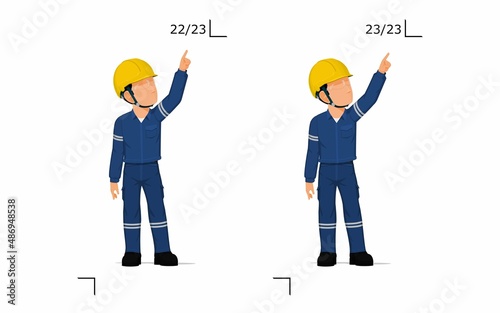 An industrial worker is explaining something over his head