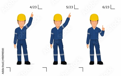 An industrial worker is explaining something over his head