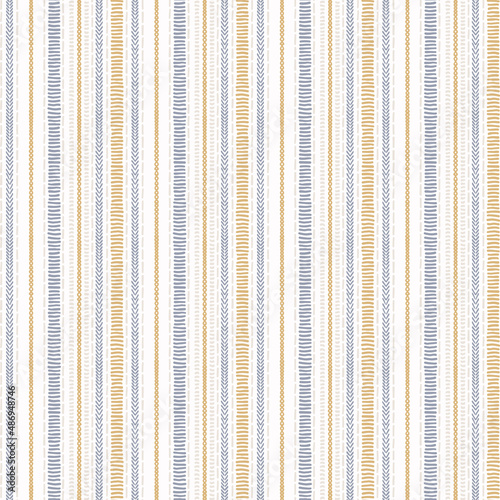 Seamless French country kitchen stripe fabric pattern print. Blue yellow white vertical striped background. Batik dye provence style rustic woven cottagecore textile. 
