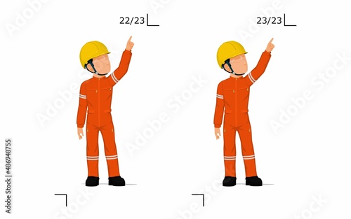 An industrial worker is explaining something over his head